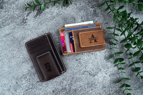 Personalized Leather Money Clip Card Holder Engraved Minimal Wallet for Men, Fathers Day Gift