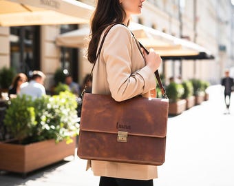 Personalized Leather Messenger Bag, Custom Laptop Briefcase, Handmade Crazy Horse Leather Business Bag for Men Women