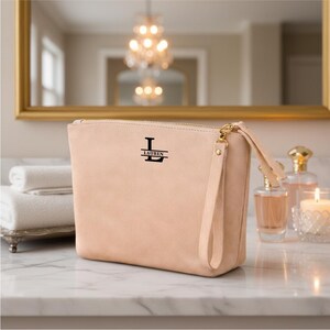 Personalized Bride Makeup Bag Custom Leather Travel Cosmetic Honeymoon Gift Powder Medium