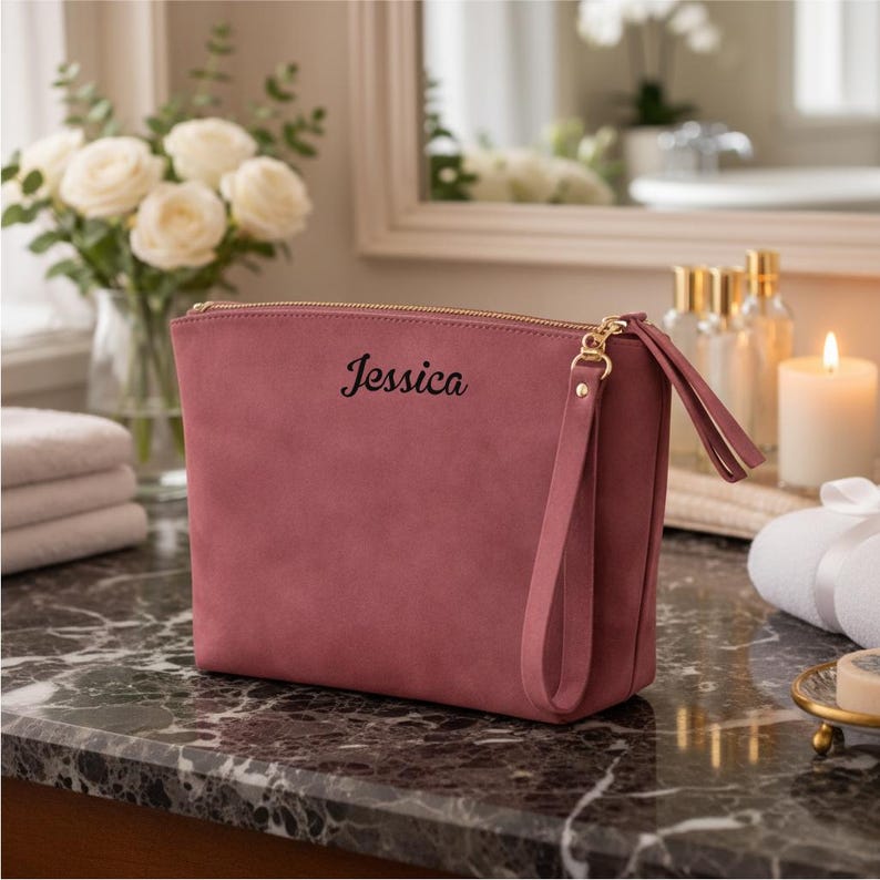 Personalized Mom Birthday Makeup Bag Custom Leather Cosmetic Gift from Daughter image 2
