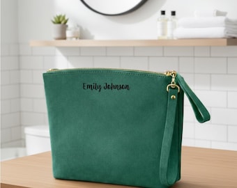 Personalized Leather Makeup Bag Custom Toiletry Cosmetic Bridesmaid Gift for Her