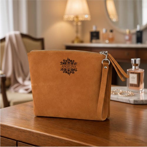 Personalized Leather Cosmetic Bag, Custom Engraved Makeup Pouch, Floral Toiletry Case, Teacher Gift, Appreciation Gift for Women
