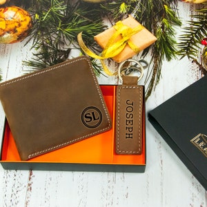 Custom Leather Gift Box, Customized Leather Wallet Keyring Set, Engraved Wallet Keychain set, Birthday Gift for Dad,fathers day gift box