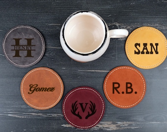 CUSTOM Leather Coasters, Coasters Set of 6, Whiskey Stand, Coffee Lover Gifts, Handmade Coasters Gift, Fathers Day Gifts, Mothers Day Gifts