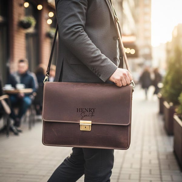 Custom Leather Briefcase for Men, Personalized Laptop Messenger Bag, Handmade Crazy Horse Leather Office Bag Gift