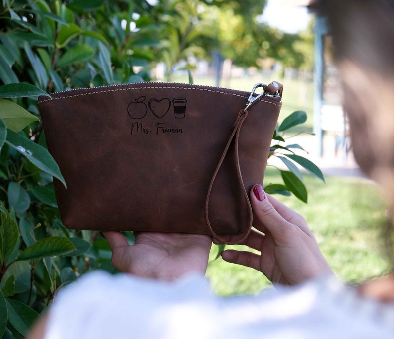 Teacher Appreciation Gift, Personalized Teacher Gift for Anniversary, Custom Name Leather Make up Bag,Great for New Teacher,Gift For Teacher image 2