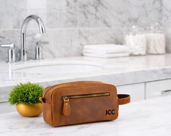 Personalized Leather Dopp Kit for Men Travel Shaving Toiletry Bag