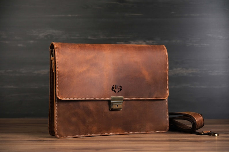 Boss Gift,Custom Leather Laptop Bag,Gift for Dad,Macbook Laptop Bag,Messenger Bag,Engraved MacBook Case,Office Bag for Man,Genuine Leather Brown