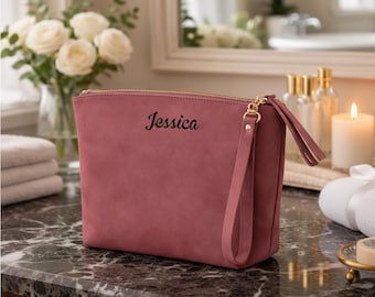 Custom Leather Makeup Bag, Personalized Cosmetic Pouch, Engraved Name Bag, Mother's Day Gift