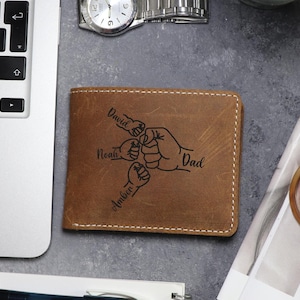 Custom Real Leather Wallet for Dad, Father's Fist Bump with Kids, Family Fist Bump, Funny Dad Gift for Fathers Day,step Dad Gift, Men Wallet