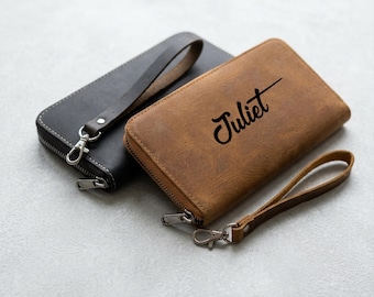 Personalized Leather Zipper Wallet for Women Custom Name Minimal Design