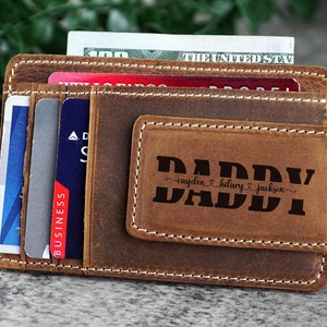 Custom daddy Gift Wallet, Leather Money Clip Slim Wallet, Initials Name Engraving, Daddy with Names, Men's Gift, Anniversary Gift, Gift