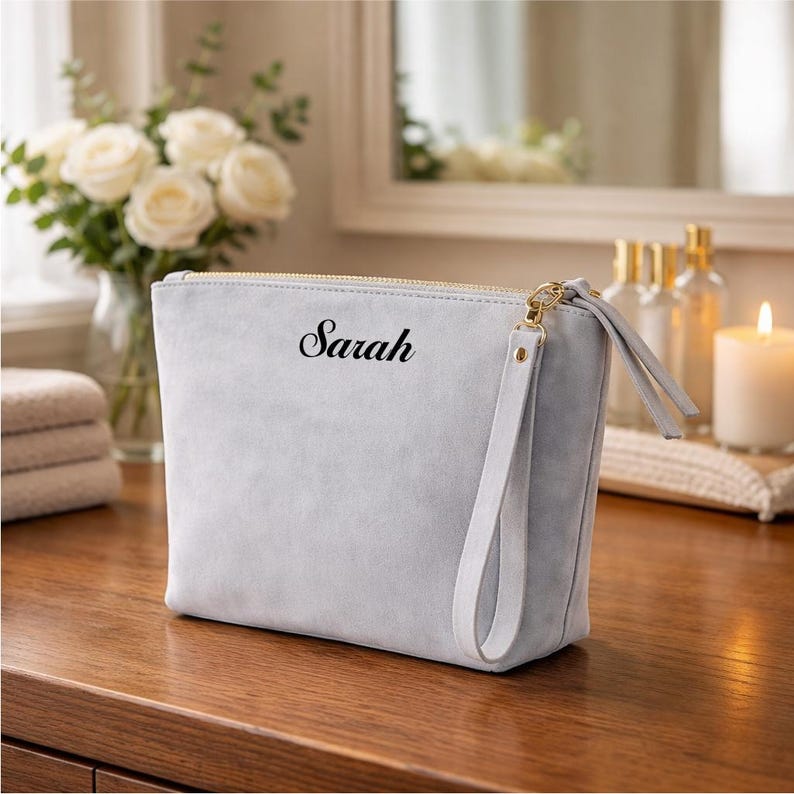 Personalized Bride Makeup Bag Custom Leather Travel Cosmetic Honeymoon Gift Baby Blue Medium