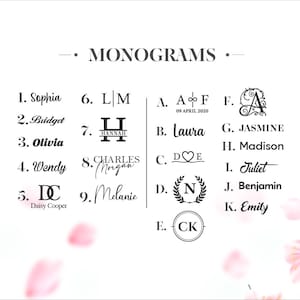 May include: A selection of monogram designs in various fonts and styles, including initials, names, and dates. The word "MONOGRAMS" is displayed at the top. The designs are in black against a white background, with pink floral accents.