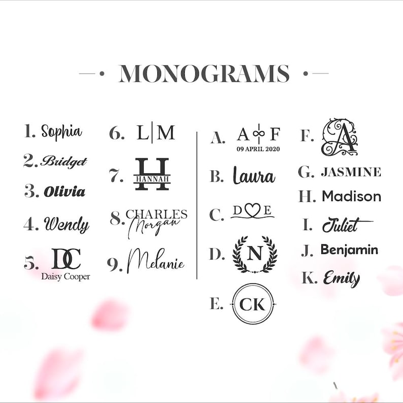 May include: A selection of monogram designs in various fonts and styles, including initials, names, and dates. The word "MONOGRAMS" is displayed at the top. The designs are in black against a white background, with pink floral accents.
