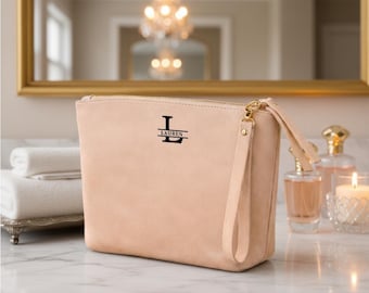 Personalized Leather Makeup Bag, Custom Cosmetic Pouch, Gift for Mom, Mother's Day Gift, Engraved Name Bag, Travel Makeup Organizer