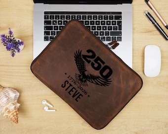 Engraved Leather Laptop Sleeve 13-14 inch, USA Patriotic Gift, Personalized MacBook Case, Custom Office Style Sleeve
