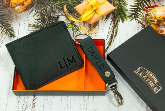 Men Leather Gift Set,personalized Leather Wallet Keychain Set,engraved Wallet  Keychain,custom Men Wallet Keychain,gift Box,dad Birthday Gift 