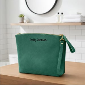Personalized Mom Birthday Makeup Bag Custom Leather Cosmetic Gift from Daughter Emerald Green Meduim