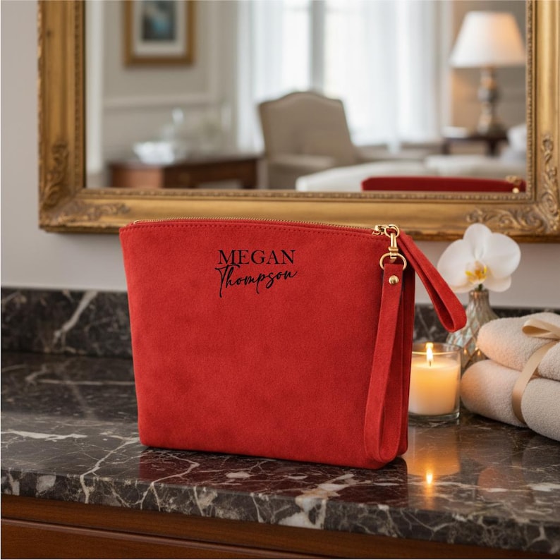 Personalized Mom Birthday Makeup Bag Custom Leather Cosmetic Gift from Daughter Red  Medium