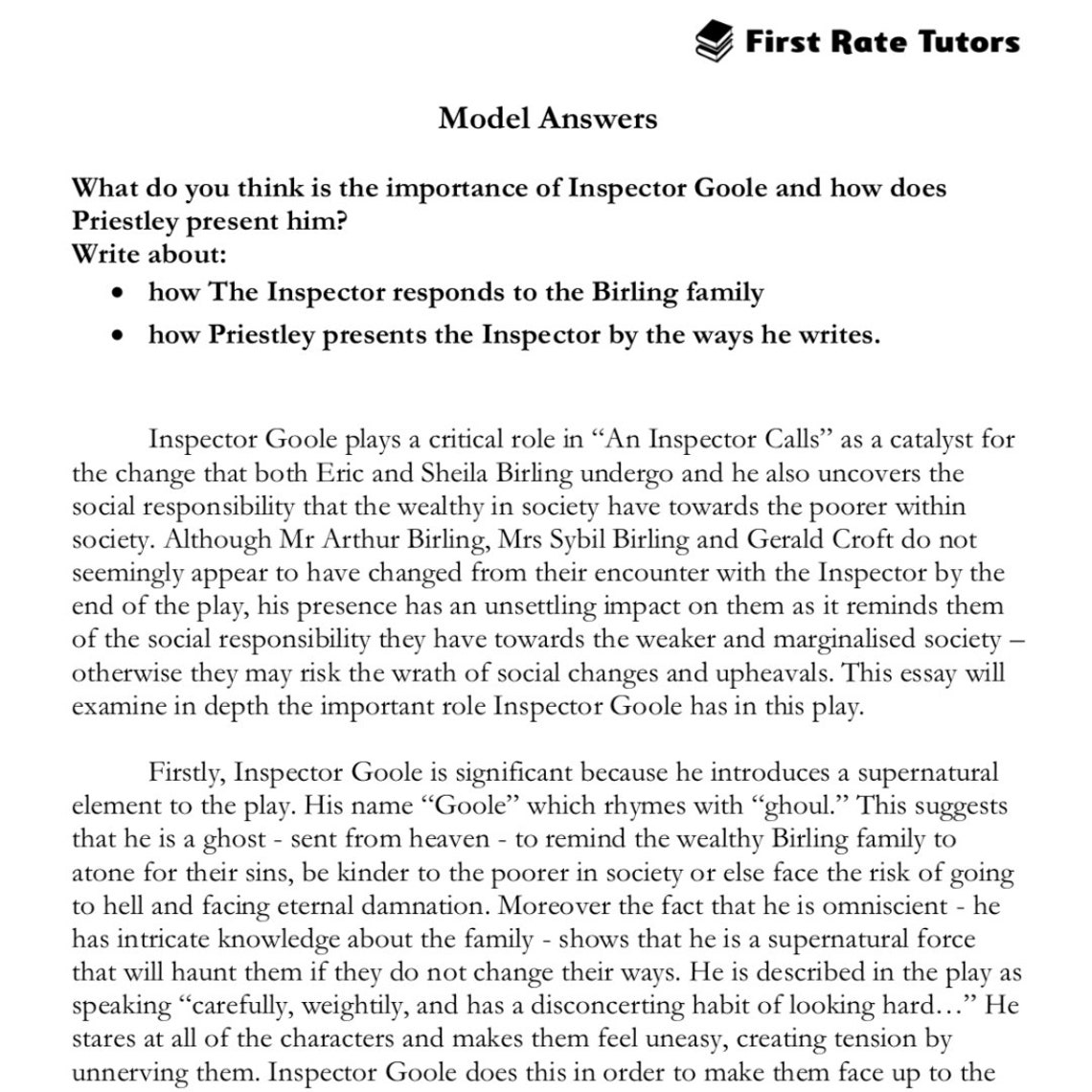 An Inspector Calls Model Answers digital Download Etsy UK