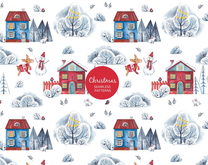 watercolor farmhouse christmas house watercolor. scrapbook paper Christmas digital paper Christmas seamless pattern christmas trees