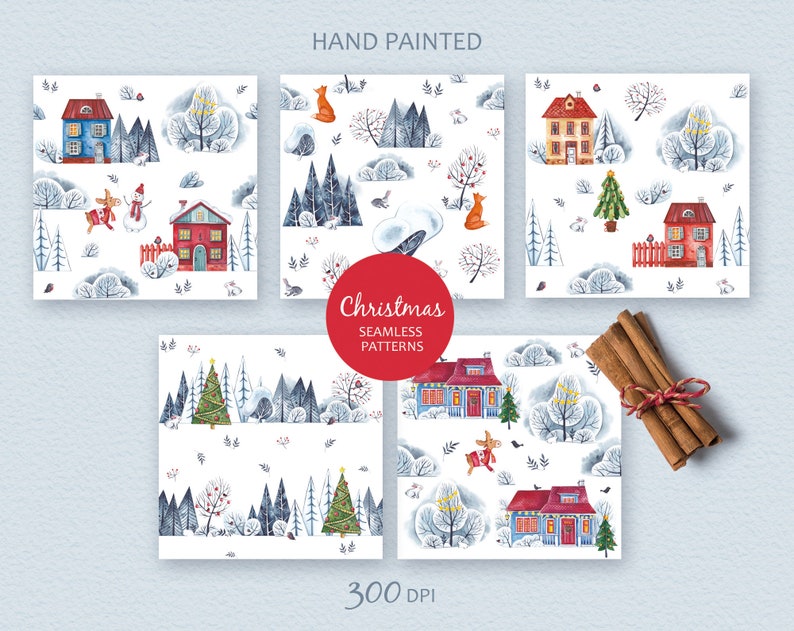 watercolor farmhouse christmas house watercolor. scrapbook paper Christmas digital paper Christmas seamless pattern christmas trees