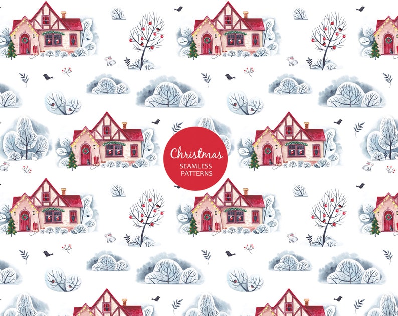watercolor farmhouse christmas house watercolor. scrapbook paper Christmas digital paper Christmas seamless pattern christmas trees