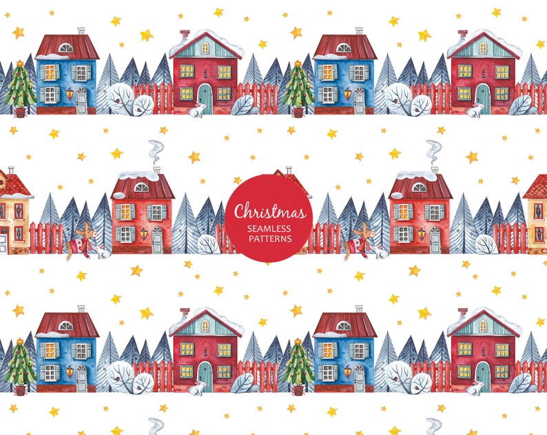 watercolor farmhouse christmas house watercolor. scrapbook paper Christmas digital paper Christmas seamless pattern christmas trees