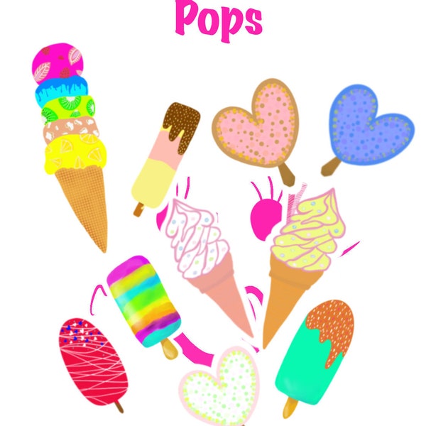 Ice Cream + Pops Stickers / 10 individual  stickers / Free shipping / All products will be pre-wrapped as gifts / Waterproof stickers