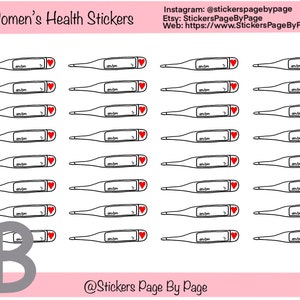Op de afbeelding: Vel met zwart-witte thermometerstickers, elk met een rood hart en de tekst "am/pm". De stickers zijn gelabeld met "Women's Health Stickers". De afbeelding bevat ook Instagram- en Etsy-gegevens voor de verkoper.