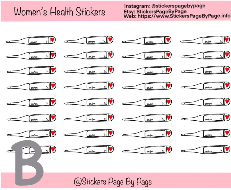 Op de afbeelding: Vel met zwart-witte thermometerstickers, elk met een rood hart en de tekst "am/pm". De stickers zijn gelabeld met "Women's Health Stickers". De afbeelding bevat ook Instagram- en Etsy-gegevens voor de verkoper.