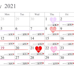 Op de afbeelding: Een kalender voor juli 2021 met data en thermometerstanden. De kalender bevat roze en paarse lijnen en hartpictogrammen. De tekst bevat "Follikel Fase", "Ovulatie" en "Luteale Fase".