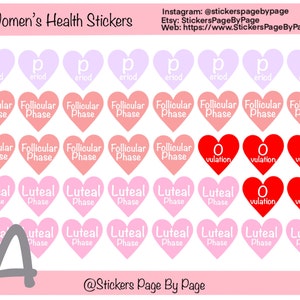 Op de afbeelding: Een vel stickers voor de gezondheid van vrouwen, met hartvormige ontwerpen in verschillende kleuren. De stickers bevatten labels voor menstruatie, folliculaire fase, ovulatie en luteale fase. De tekst "Women's Health Stickers" staat bovenaan.