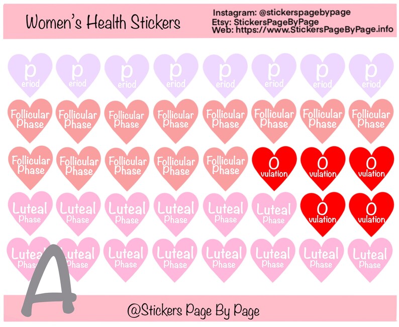 Op de afbeelding: Een vel stickers voor de gezondheid van vrouwen, met hartvormige ontwerpen in verschillende kleuren. De stickers bevatten labels voor menstruatie, folliculaire fase, ovulatie en luteale fase. De tekst "Women's Health Stickers" staat bovenaan.