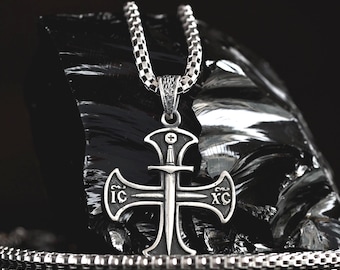 Sterling silver 925 Medieval cross pendant necklace Knights Templar with sword handmade
