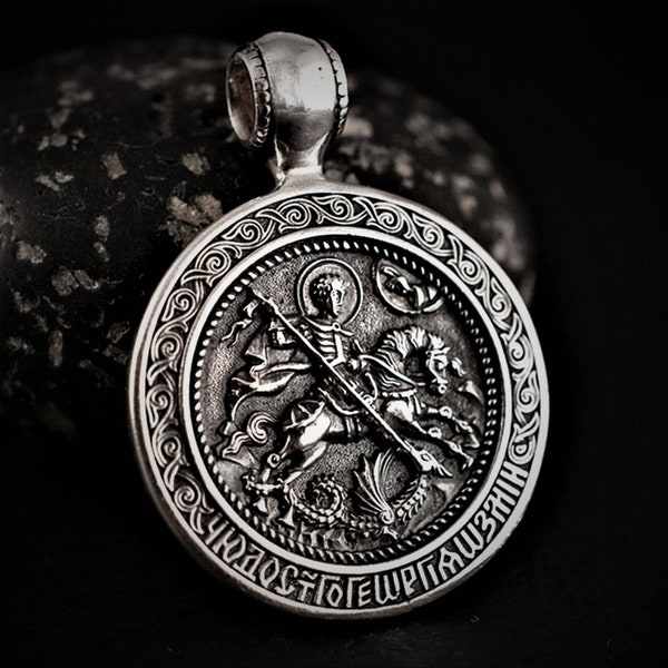 Saint George and serpent pendant, Solid St George slaying the dragon round medal, St George killing the dragon medallion, gift for him