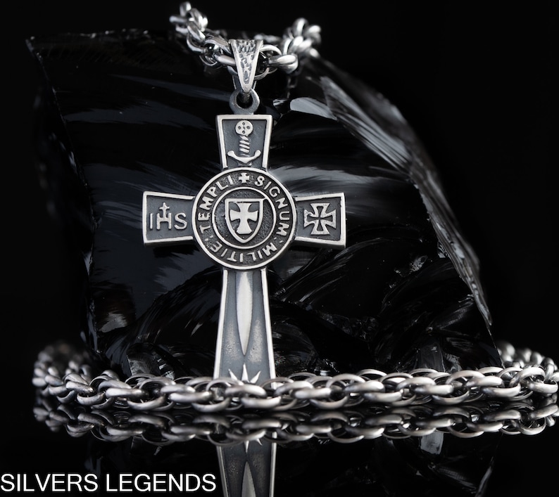 Oxidized Unique Knights Templar Cross Pendant, Templar pendant with sword, Crusader pendant, Masonic pendant, Templar seal, Handcrafted gift