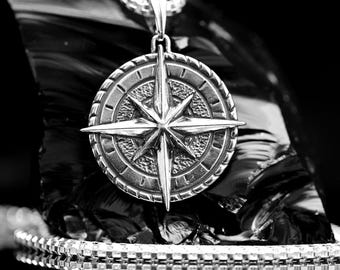 Mens Compass Necklace Set, Sterling Silver Pendant with Box Chain, North Star Jewelry, Adventure Gift for Him, Travel Pendant Necklace