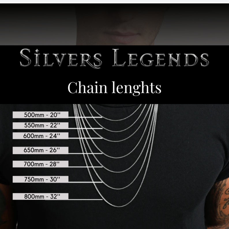 May include: A chart showing different chain lengths in inches and millimeters. The chart is displayed on a black background with white text. The chain lengths range from 20 inches to 32 inches.
