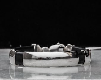 Silber und Leder Armband, Sterling Silber mit schwarzem Leder Manschette Armband für Männer, Minimalist Armreif, Geschenk für ihn
