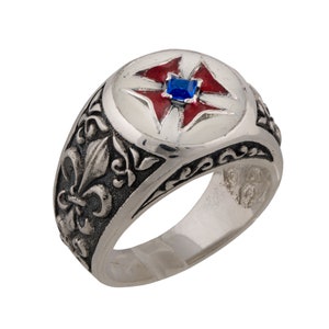 Sterling silver Templar ring, Fashion ring with red Templar cross, Freemason ring with blue stone, Crusader silver ring, Christian ring