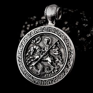 Sterling Silver Saint George Pendant | Double-Sided Men’s Dragon Amulet | Christian Coin Necklace | Lion & Serpent | Orthodox Jewelry Gift