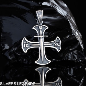Sterling Silver Oxidized Cross Pendant – Knights Templar Crusader Sword, Handmade Christian Jewelry for Men, Religious Gift, Solid Cross
