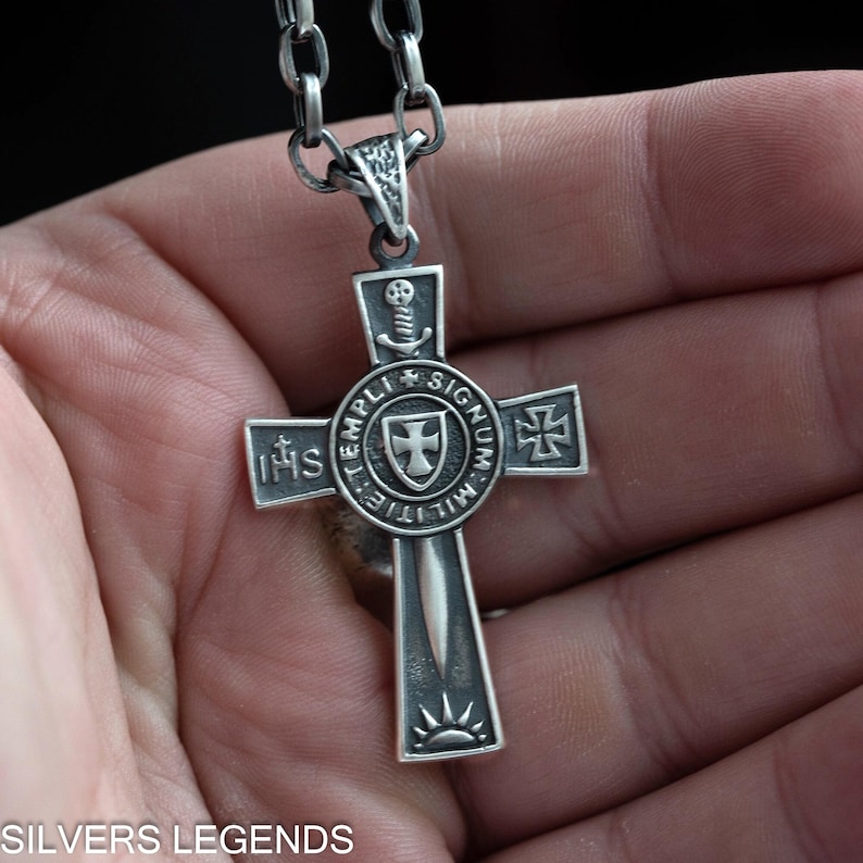 Knights Templar Cross Pendant, Templar pendant with sword, Crusader pendant, Solid Masonic pendant, Handcrafted gift image 4