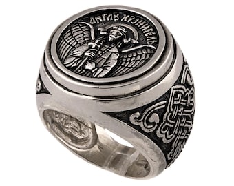 Anillo de Arcángel de Moda de Plata Esterlina, Anillo Religioso de San Miguel Masculino Hecho a Mano, Joyas Cristianas, Regalo Perfecto Para Él