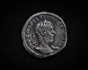 silver coin "Denarius of the Roman Emperor Macrinus RIC 24 by catalog". Cast from a genuine coin.