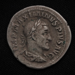silver coin &quot;Denarius of the Roman Emperor Maximinus Thrax&quot; . Cast from a genuine coin