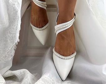 Women's Bridal Shoes • Ivory Color Wedding Shoes by Santorini Sandals • Low Block Heels • Pearls and Strass Trimming •Flat Bridal Shoes •159