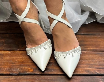 Ladies Bridal Shoes • Ivory Strass Wedding Shoes by Santorini Sandals • Strass Crisscross Pumps • Block Heel Wedding Shoes • 754